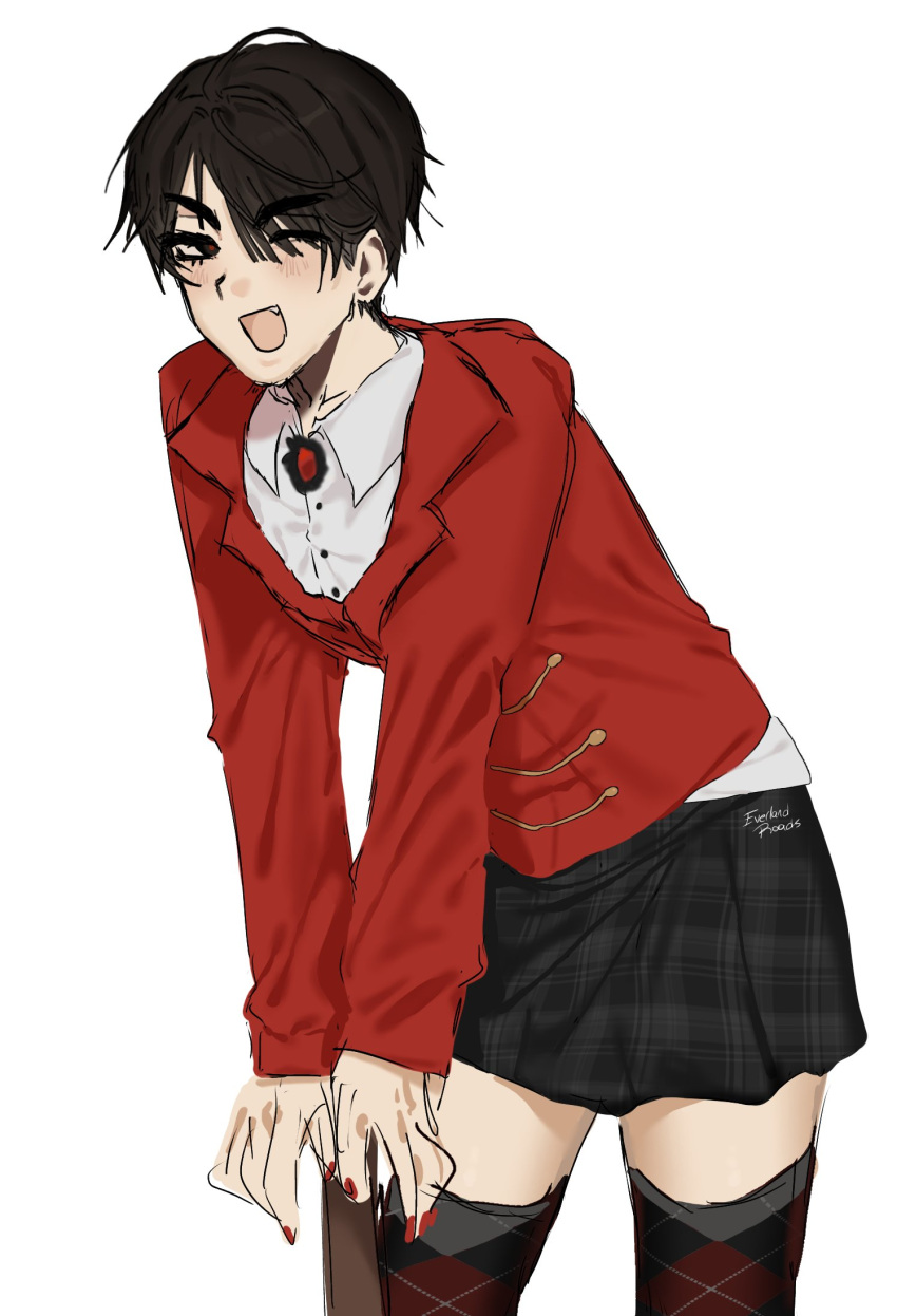 1boy, ;d, alien_stage, argyle_clothes, argyle_thighhighs, black_eyes, black_hair, black_skirt
