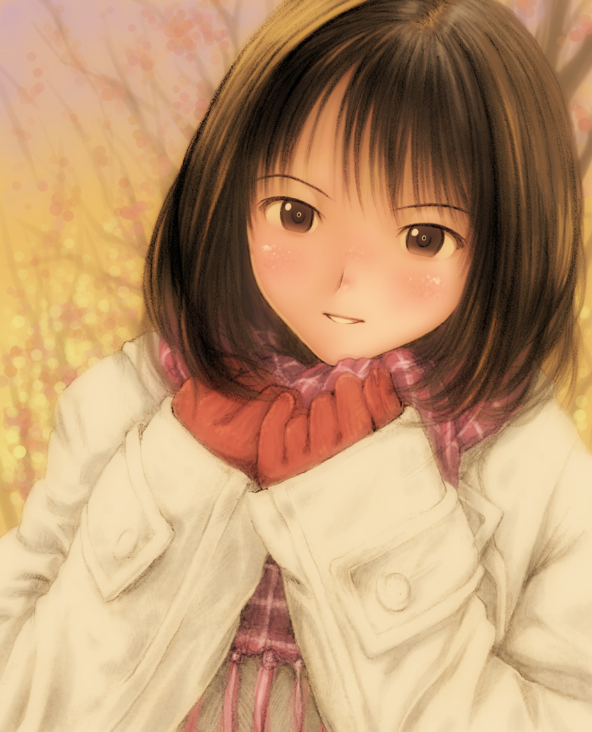 brown_eyes, brown_hair, bust, coat, gloves, highres, kobayashi_yuji, kobayashi_yuuji, original, scarf, solo, tree, winter_clothes