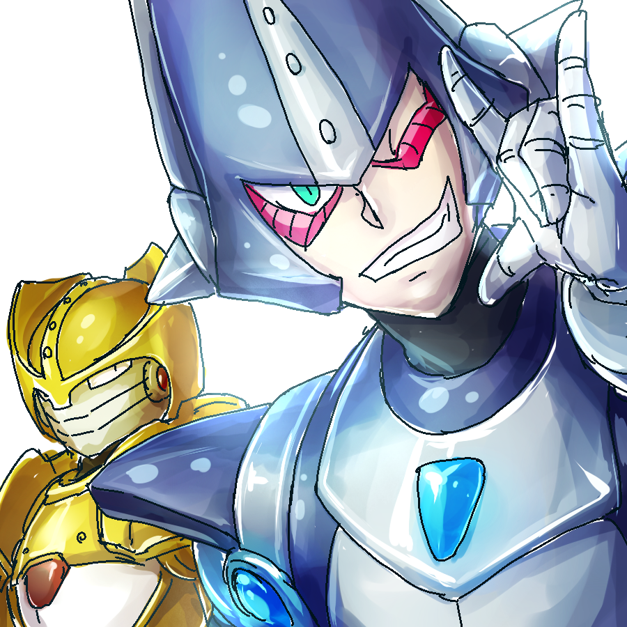 2boys, ;d, \m/, android, armor, blue_armor, blue_helmet, chest_jewel, commentary_request, facial_mark, geemel_(mega_man), helmet, looking_at_viewer, mask, mega_man_(series), mega_man_x_(series), mega_man_xtreme, mouth_mask, multiple_boys, one_eye_closed, robot, robot_ears, shinku_castle, simple_background, smile, spiked_helmet, spikes, upper_body, white_background, yellow_armor, yellow_helmet, zain_(mega_man)
