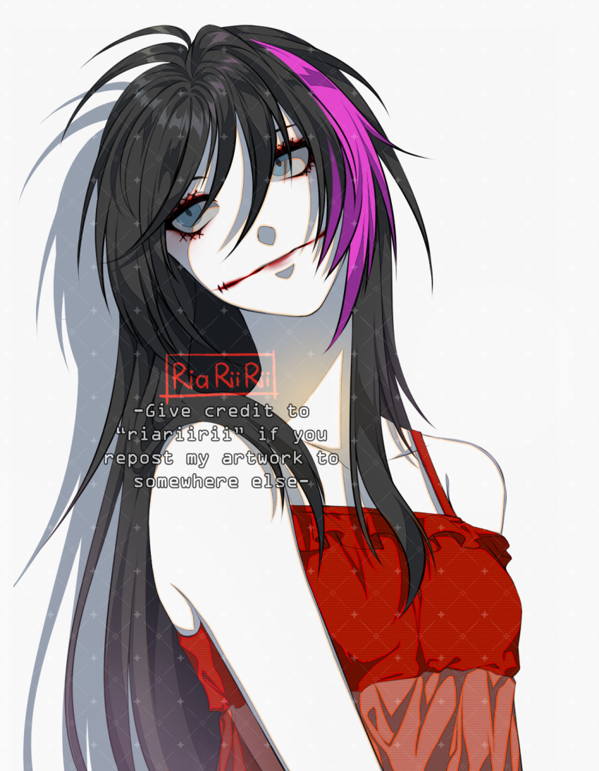 1girl, :|, antenna_hair, arms_at_sides, artist_name, bare_shoulders, black_hair, blue_eyes
