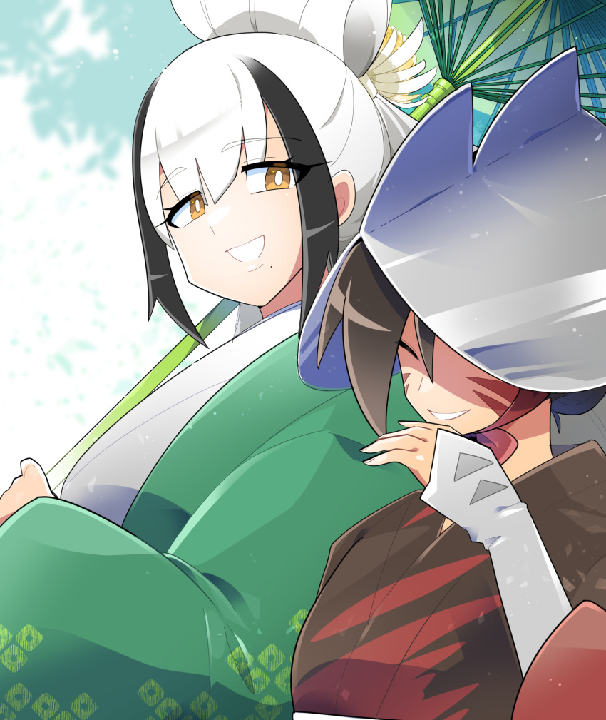 2girls, amigasa, black_hair, black_kimono, closed_eyes, commentary_request, excadrill, folded_ponytail, green_kimono, green_umbrella, hand_up, highres, holding, holding_umbrella, japanese_clothes, kimono, laughing, long_sleeves, looking_at_another, marking_on_cheek, multicolored_hair, multiple_girls, oil-paper_umbrella, open_mouth, outdoors, personification, pokemon, red_kimono, short_hair, sidelocks, sirfetch'd, sleeves_past_wrists, smile, spiked_hat, surume17, two-tone_hair, two-tone_kimono, umbrella, upper_body, white_hair, white_sleeves, yellow_eyes