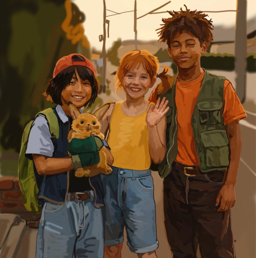 1girl, 2boys, aegyo_sal, animal, ash_ketchum, backwards_hat, belt, black_hair, black_shirt, brock_(pokemon), brown_hair, child, closed_eyes, closed_mouth, commentary, curly_hair, dark-skinned_male, dark_skin, denim, denim_shorts, east_asian, english_commentary, girlvasectomy, gloves, grin, hat, highres, jeans, lips, looking_at_viewer, misty_(pokemon), multiple_boys, orange_hair, orange_shirt, outdoors, painterly, pants, pikachu, pocket, pokemon, pokemon_(anime), pokemon_(creature), realistic, shirt, short_hair, shorts, side_ponytail, smile, standing, t-shirt, tank_top, teeth, vest, yellow_shirt