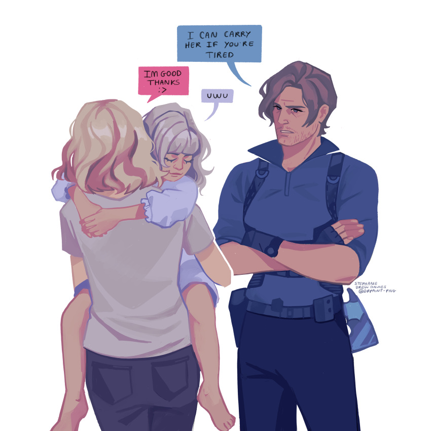 1boy, 2girls, absurdres, arms_around_neck, black_gloves, black_pants, blonde_hair, blue_pants, blue_shirt, brown_hair, carrying, carrying_person, closed_eyes, closed_mouth, crossed_arms, dr-paint, dress, emily_(resident_evil), english_text, facial_hair, fingerless_gloves, from_behind, gloves, grace_ashcroft, highres, holster, leon_s._kennedy, multiple_girls, muscular, muscular_male, pants, resident_evil, resident_evil_requiem, shirt, short_hair, simple_background, stubble, white_background, white_dress, white_hair, white_shirt