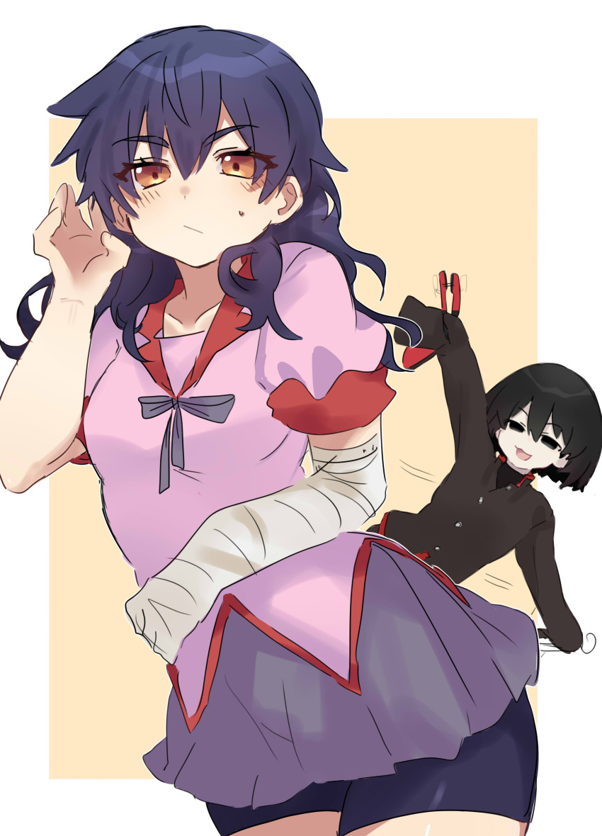 1boy, 1girl, :/, :3, absurdres, adjusting_hair, arm_up, bandaged_arm
