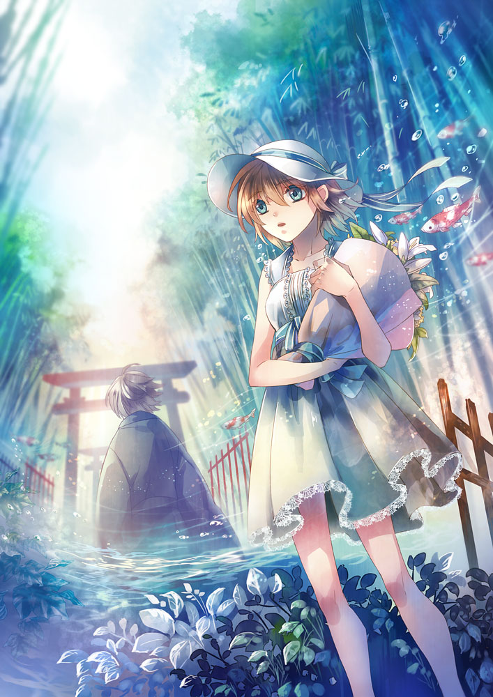 bamboo, blue_eyes, bouquet, brown_hair, bubble, dress, fish, flower