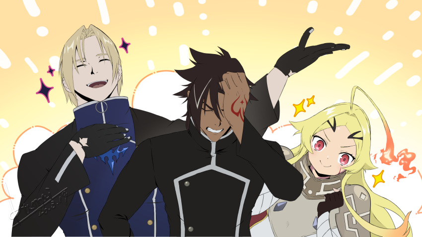 1girl, 2boys, ahoge, armor, black_gloves, black_hair, blonde_hair, cloak, closed_eyes, closed_mouth, commentary_request, dark-skinned_male, dark_skin, embers, facial_mark, fiery_hair, fire, floating_hair, forbartz_xylo, gloves, gradient_background, gradient_hair, highres, kmy010d, laughing, multicolored_hair, multiple_boys, muscular, orange_background, red_eyes, rhyno_(yuushakei_ni_shosu), scar, scar_across_eyebrow, scar_on_face, short_hair, smile, sparkle, tattoo, teoritta, torn_clothes, white_hair, yuushakei_ni_shosu