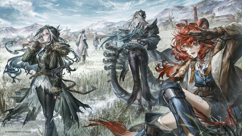 2others, 3girls, animal_ears, arknights, bear_ears, bear_girl, black_gloves, commentary_request