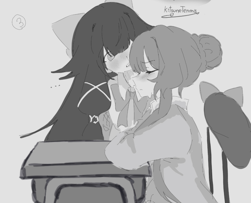 ..., 2girls, alternate_costume, blood, blush, bow, braid, bun_with_braided_base