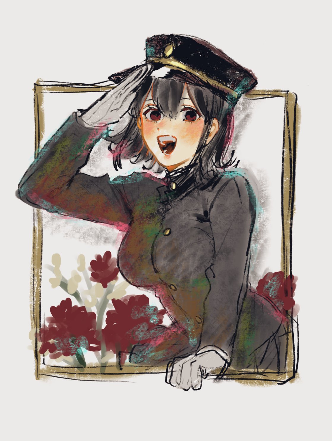 1girl, akitsu_maru_(kancolle), black_hair, black_hat, black_jacket, black_skirt, blush, breasts
