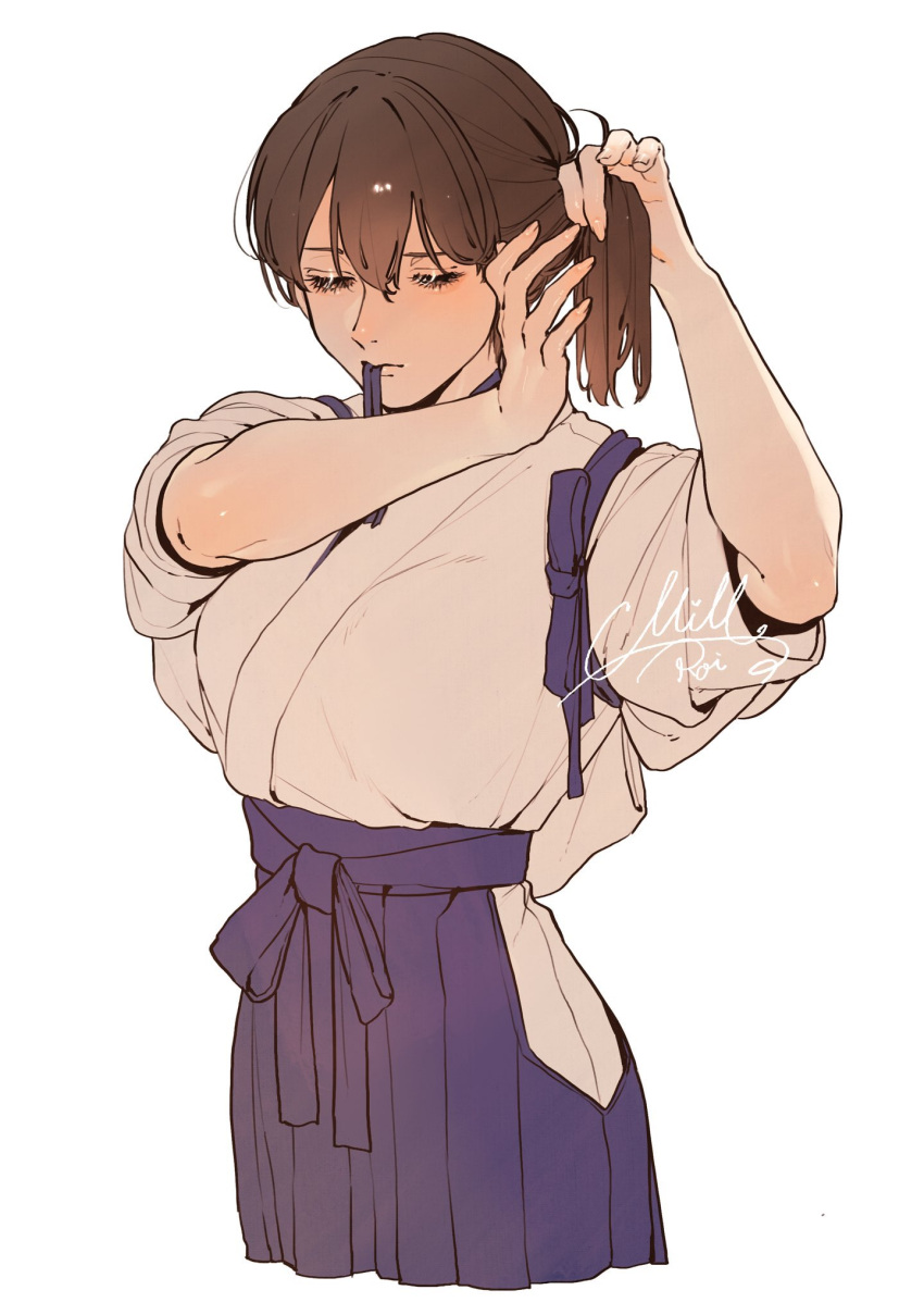 1girl, adjusting_hair, blue_hakama, breasts, brown_hair, closed_eyes, closed_mouth, commentary_request