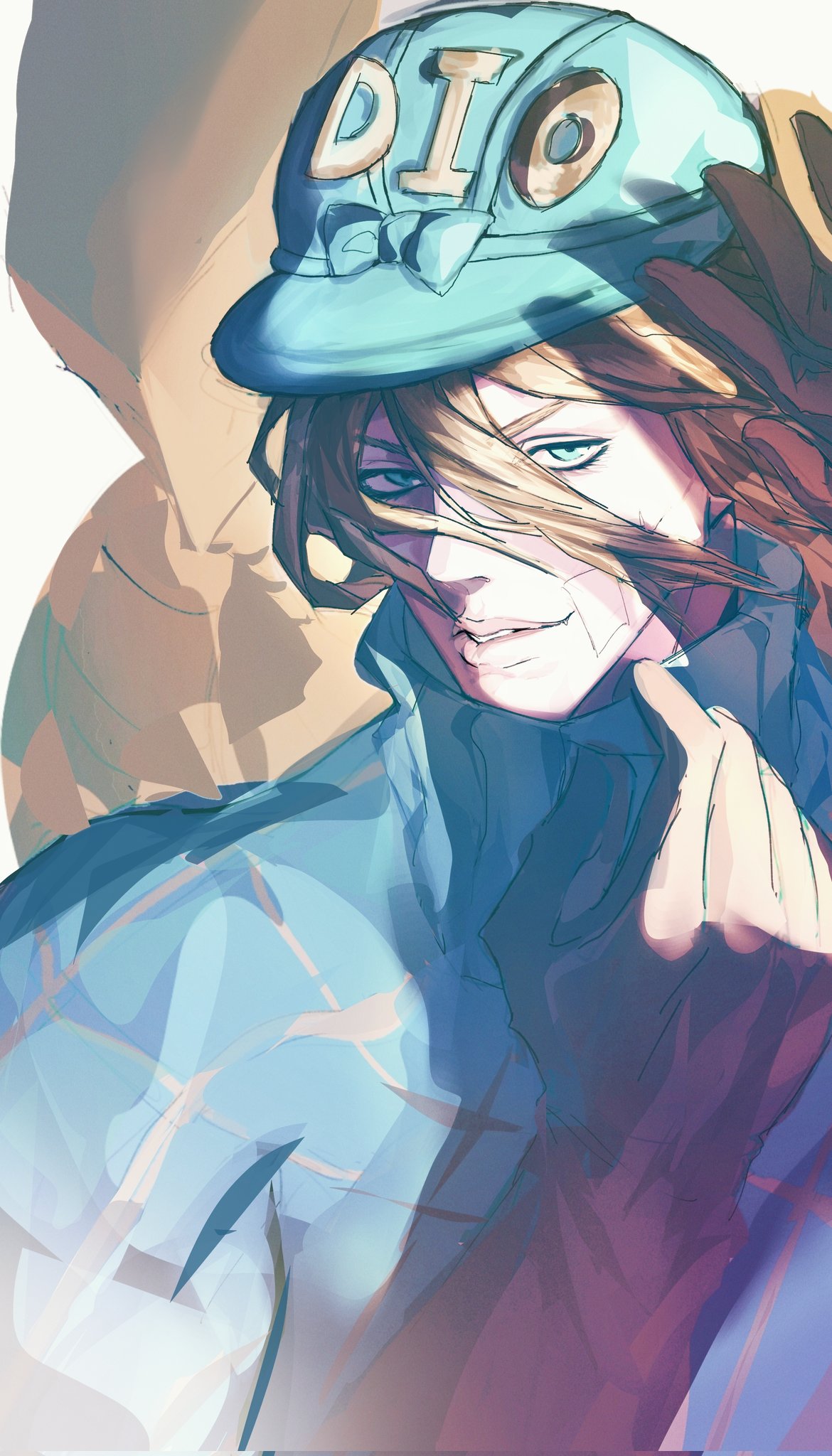 1boy, aqua_helmet, argyle_clothes, argyle_sweater, blonde_hair, blue_eyes, diego_brando, helmet