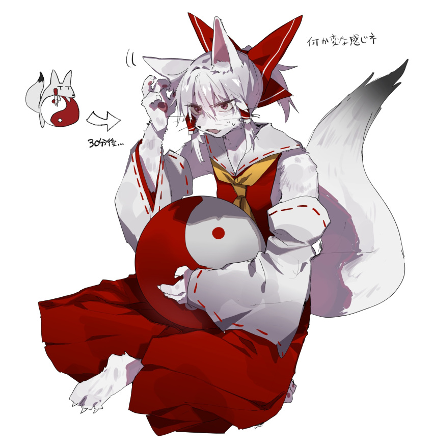 1girl, animal_ear_fluff, animal_ears, animalization, arrow_(symbol), ascot, bow, claws