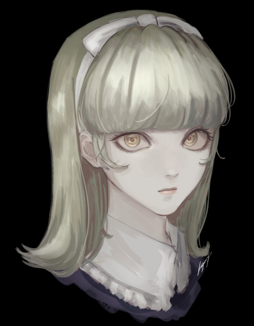 1girl, alice_(megami_tensei), black_background, blonde_hair, bow, bow_hairband, closed_mouth, commentary_request