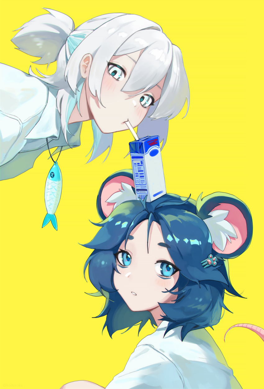 2girls, absurdres, animal_ears, aoki_buruu, blue_eyes, blue_hair, drink_carton, drinking