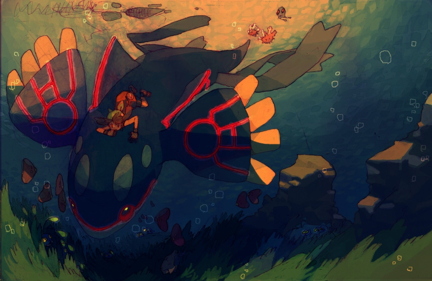 1girl, alternate_costume, bandana, bubble, chinchou, coral, corsola, diving, fish, grass, haruka_(pokemon), heart, jellyfish, kyogre, luvdisc, neon_trim, pokemon, pokemon_(creature), pokemon_(game), pokemon_rse, relicanth, rock, rough, satobitorotoku, seaweed, sketch, submerged, sun_glare, swimming, tentacool, underwater, water