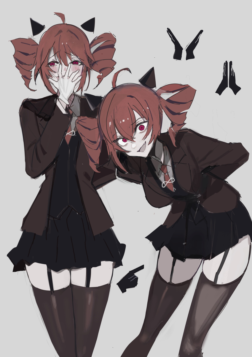 2girls, absurdres, ahoge, arm_behind_back, arms_behind_back, bent_over, black_horns, black_skirt, black_thighhighs, black_vest, brown_jacket, chuhaibane, collared_shirt, covering_own_mouth, cowboy_shot, double-parted_bangs, drill_hair, execution_clap_(synthesizer_v), gloves, hair_between_eyes, hand_up, highres, horns, jacket, kasane_teto, long_hair_between_eyes, miniskirt, multiple_girls, necktie, open_clothes, open_jacket, open_mouth, red_eyes, red_hair, red_necktie, shirt, skirt, small_horns, suit_jacket, synthesizer_v, thigh-highs, twin_drills, utau, vest, white_gloves, white_shirt