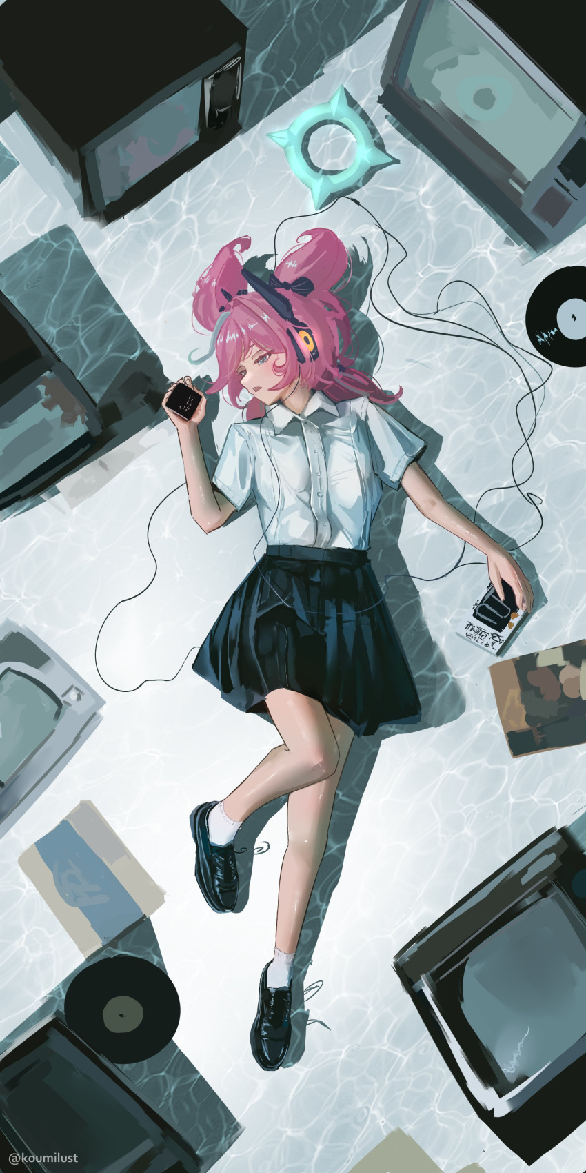 1girl, absurdres, aqua_hair, aria_(zenless_zone_zero), black_shoes, blue_skirt, dress, halo
