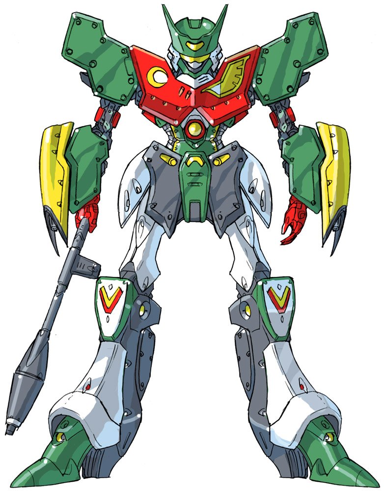 1980s_(style), beam_rifle, commentary_request, energy_gun, funbolt, ginga_shippuu_sasuraiger, looking_at_viewer, mecha