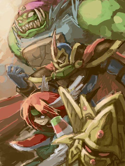 2girls, 3boys, alhazad_(wild_arms), armor, armored_dress, belselk_(wild_arms), brown_hair, cape