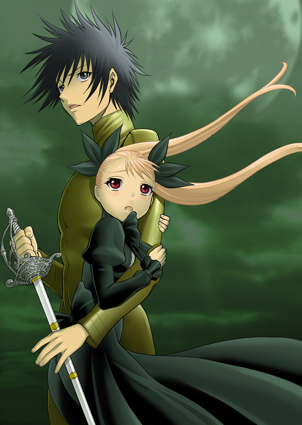 1boy, 1girl, arm_hug, black_hair, blonde_hair, bowtie, brown_eyes, dance_in_the_vampire_bund