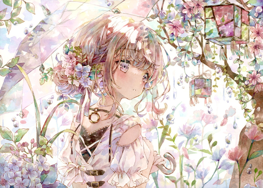 1girl, bare_shoulders, belt, belt_buckle, belted_shirt, black_belt, black_tank_top, brown_hair, buckle, cherry_blossoms, clothing_cutout, commentary_request, day, expressionless, eyelashes, field, flower, flower_field, frilled_sleeves, frills, gold_buckle, hair_bun, hair_flower, hair_ornament, highres, holding, holding_umbrella, lace-trimmed_tank_top, leaf_hair_ornament, light_blush, original, outdoors, painting_(medium), parted_lips, pink_flower, puffy_short_sleeves, puffy_sleeves, purple_flower, rain, ribbon, shirt, short_hair_with_long_locks, short_sleeves, shoulder_blades, shoulder_cutout, sidelocks, single_hair_bun, solo, spring_(season), sunlight, tank_top, tassel, traditional_media, transparent, transparent_umbrella, tree, umbrella, umbrella_over_shoulder, upper_body, violet_eyes, water_drop, watercolor_(medium), white_background, white_ribbon, white_shirt, wind_chime, yukoring