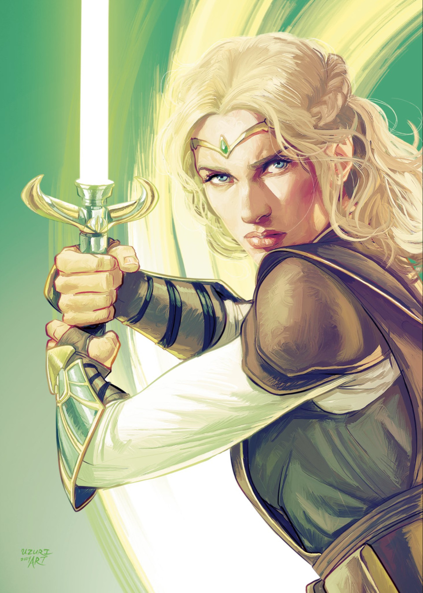 1girl, armor, avar_kriss, blonde_hair, blue_eyes, bracer, braid, breasts