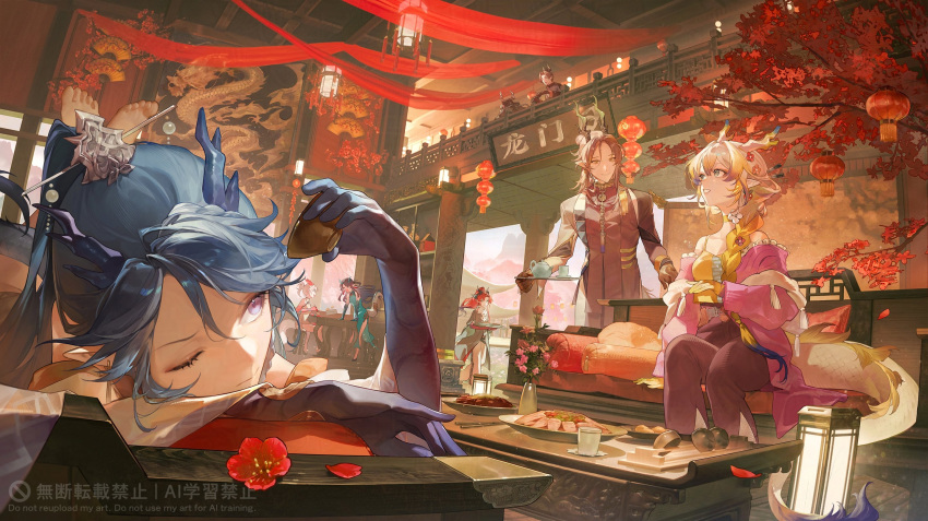 00suger001, 4boys, 4girls, architecture, arknights, black_hair, blonde_hair, blue_hair, blue_hands, bowl, braid, brother_and_sister, chongyue_(arknights), closed_mouth, colored_extremities, commentary, dragon_girl, dragon_horns, dragon_tail, dusk_(arknights), dusk_(everything_is_a_miracle)_(arknights), earrings, east_asian_architecture, english_commentary, green_hands, grey_hair, highres, holding, holding_bowl, horns, jewelry, ji_(arknights), lantern, ling_(a_gallant_dream)_(arknights), ling_(arknights), multiple_boys, multiple_girls, nian_(arknights), nian_(unfettered_freedom)_(arknights), off_shoulder, official_alternate_costume, one_eye_closed, open_mouth, pointy_ears, red_hands, shu_(arknights), shu_(spring_feast)_(arknights), siblings, smile, tail, wang_(arknights), yellow_hands, yu_(arknights)