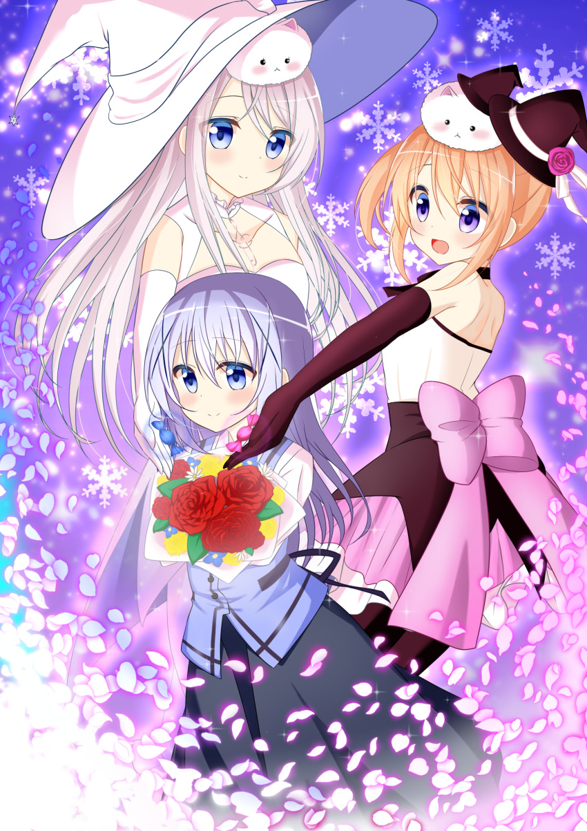 black_gloves, black_hat, black_thighhighs, blue_eyes, blue_hair, blush, candy, commentary_request