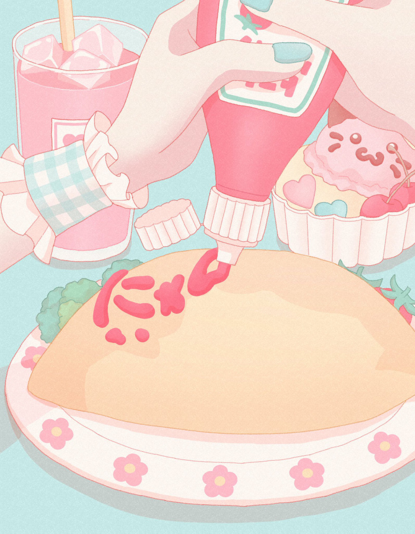 1girl, blue_background, blue_nails, blue_wrist_cuffs, bottle, broccoli, checkered_wrist_cuffs, cherry