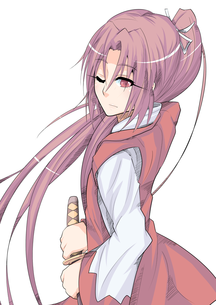 hair_ribbon, japanese_clothes, kataginu, kimono, long_hair, matsura_(nagatosan), meira, pink_eyes, pink_hair, ponytail, ribbon, samurai, sheath, simple_background, solo, sword, touhou, touhou_(pc-98), very_long_hair, weapon, wink