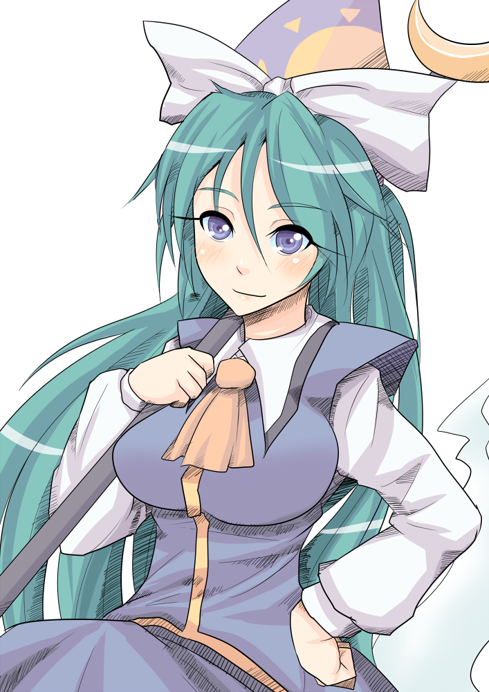 ascot, blush_stickers, bow, breasts, crescent, dress, green_hair, hand_on_hip, hat, hat_bow, hips, long_hair, matsura_(nagatosan), mima, purple_eyes, solo, staff, sun, touhou, touhou_(pc-98), violet_eyes