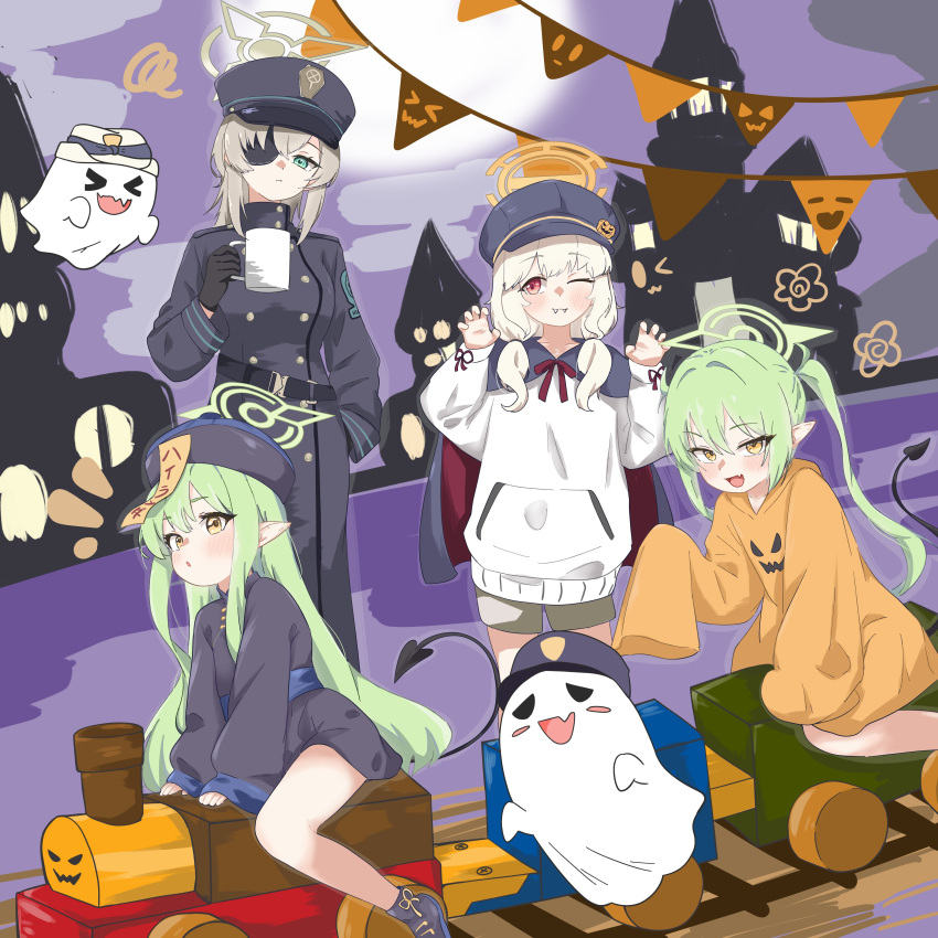 4girls, 686panda, absurdres, aoba_(blue_archive), black_gloves, blonde_hair, blue_archive, breasts