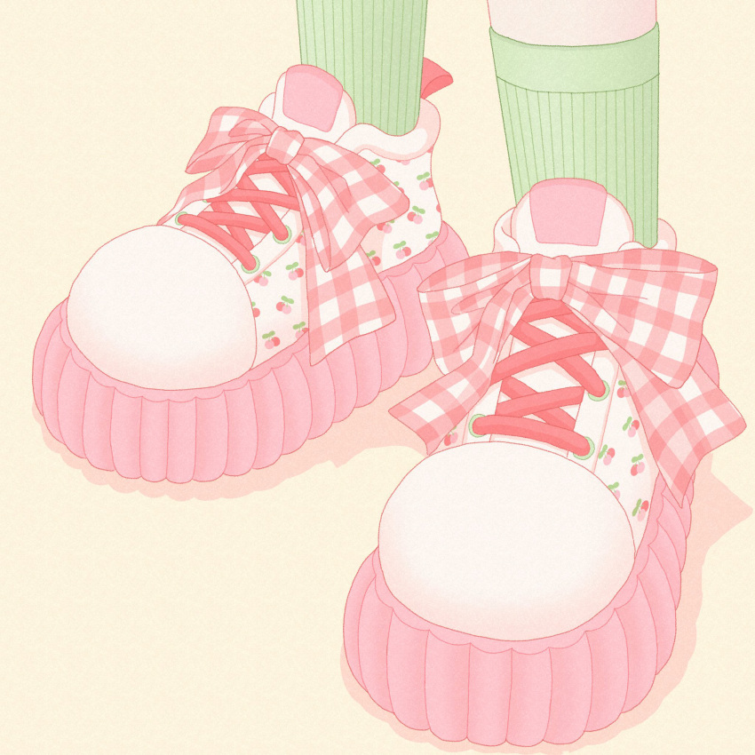 1girl, bow, checkered_bow, checkered_clothes, cherry_print, colored_shoe_soles, commentary, feet