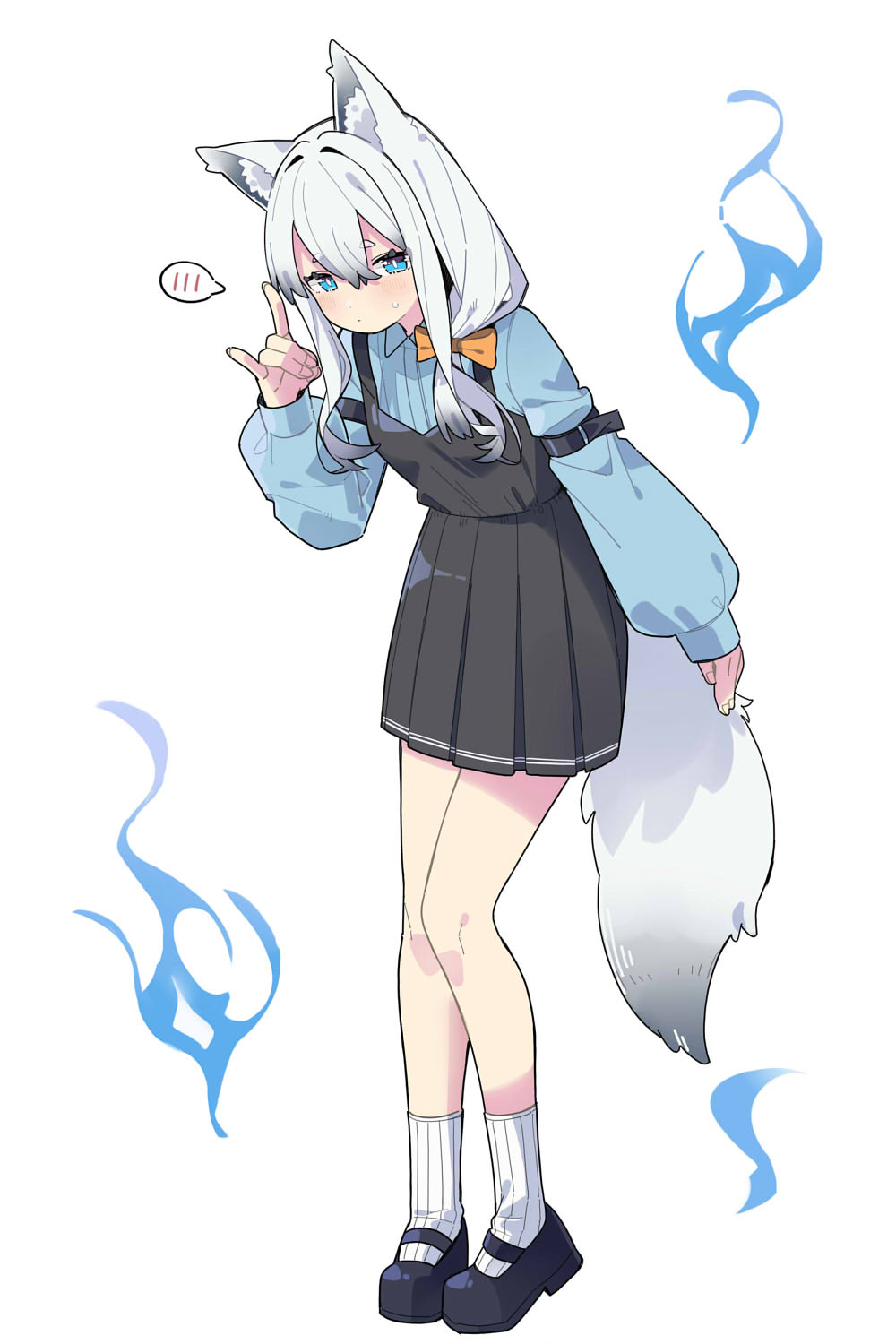 1girl, animal_ear_fluff, animal_ears, ankle_socks, arm_strap, black_dress, blue_eyes, blue_shirt