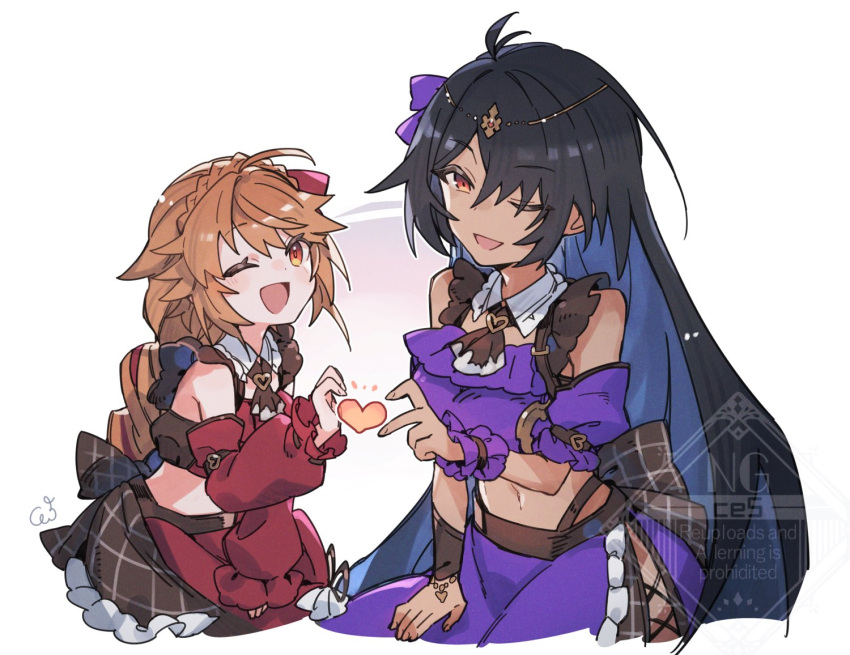 2girls, bare_shoulders, black_hair, commentary_request, fenie_(granblue_fantasy), fluffy_clothes, gb_cestus, granblue_fantasy