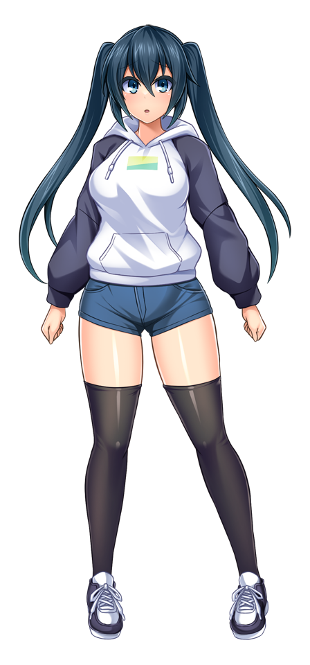 1girl, :o, black_hair, black_thighhighs, blue_eyes, blue_hair, blue_shorts, blush