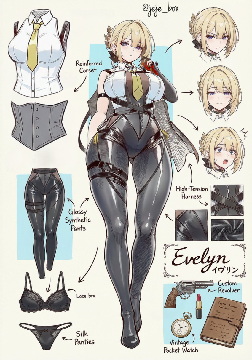 1girl, character_sheet, evelyn_chevalier, journal, lipstick, long_hair, pistol, pocket_watch
