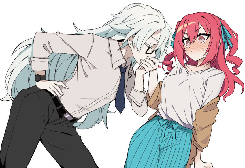 2girls, :<, aqua_ribbon, aqua_skirt, arm_at_side, belt, belt_buckle, black-framed_eyewear, black_belt, black_pants, blue_necktie, blue_ribbon, blush, breasts, bright_pupils, brown_jacket, buckle, chopingme, closed_mouth, collarbone, collared_shirt, commentary, cowboy_shot, glasses, grey_shirt, hair_between_eyes, hand_on_own_hip, hand_up, heart, holding_hands, jacket, kiss, kissing_hand, leaning_forward, long_hair, long_sleeves, looking_at_another, medium_breasts, multiple_girls, necktie, nose_blush, off_shoulder, ogami_shiro, open_clothes, open_jacket, pants, pink_eyes, pleated_skirt, profile, red_hair, ribbon, semi-rimless_eyewear, shirt, shirt_tucked_in, shoujo_kageki_revue_starlight, shoujo_kageki_revue_starlight_-re_live-, simple_background, skirt, sleeves_rolled_up, standing, sweatdrop, takachiho_stella, transparent_background, under-rim_eyewear, v-shaped_eyebrows, very_long_hair, watch, watch, white_hair, white_pupils, white_shirt, wide-eyed, yuri