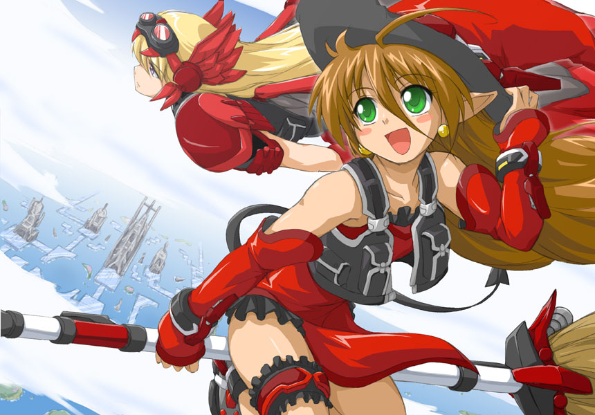:d, ahoge, bioroid_hei, blonde_hair, blush_stickers, broom, broom_riding, cloud