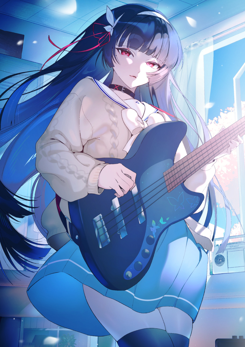 1girl, black_choker, black_hair, black_thighhighs, blue_skirt, bow, brown_cardigan, cardigan, chisa_(wuthering_waves), choker, cowboy_shot, guitar, hair_ribbon, hairband, highres, holding, holding_guitar, holding_instrument, instrument, long_hair, long_sleeves, looking_at_viewer, onigiri_(122359088), open_window, radio, red_eyes, red_ribbon, ribbon, sailor_collar, skirt, solo, thigh-highs, white_bow, white_hairband, white_sailor_collar, window, wuthering_waves