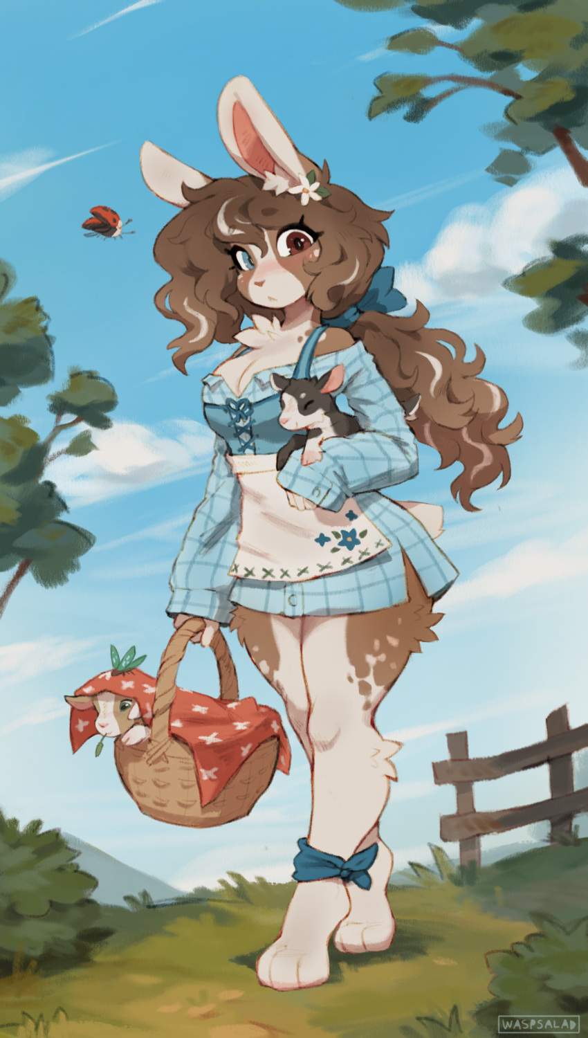 1girl, absurdres, animal_ears, apron, artist_name, basket, blue_dress, blue_eyes