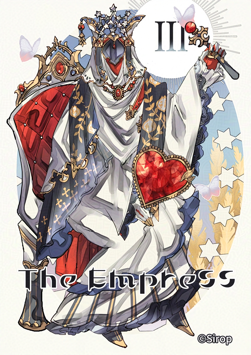 1girl, artist_name, bilingual_commentary, card, crown, dress, english_text, full_body