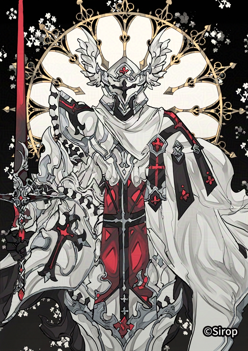1other, armor, artist_name, black_background, commentary, cross, flower, helmet