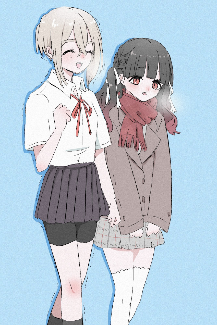 2girls, :d, ^_^, baio_rin, bare_arms, bike_shorts, black_hair, black_skirt