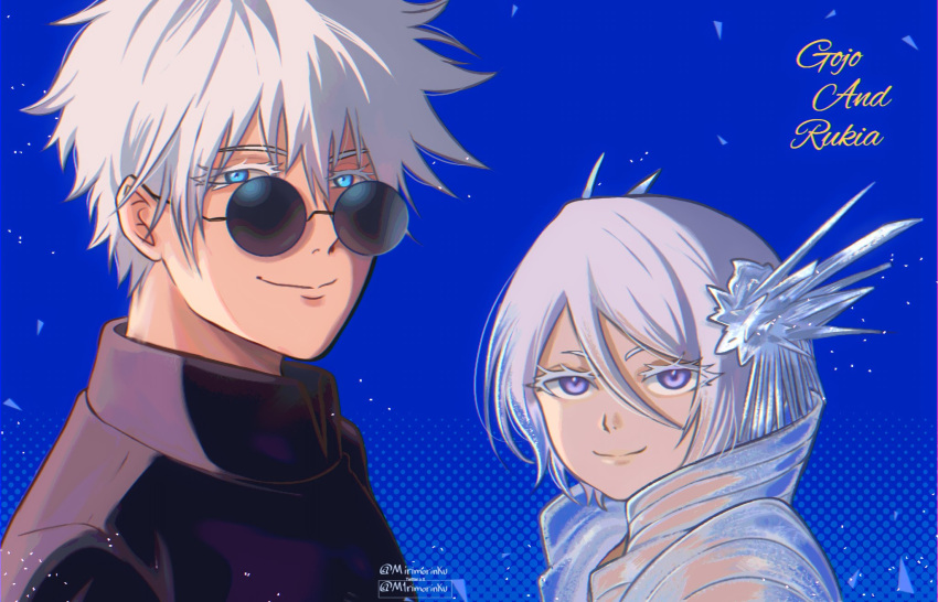 1boy, 1girl, bleach, bleach:_sennen_kessen-hen, blue_background, blue_eyes, colored_eyelashes, commentary_request