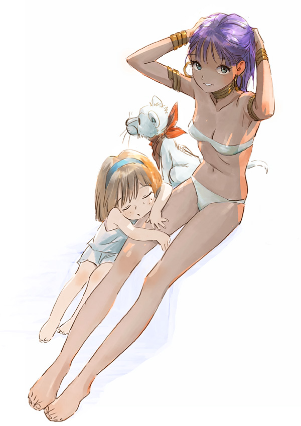 armband, armpits, arms_behind_head, bandeau, barefoot, bracelet, brown_hair, closed_eyes, dark_skin, earrings, feet, freckles, fushigi_no_umi_no_nadia, green_eyes, hairband, jewelry, kawasemi, king_(nadia), legs, lion, looking_up, marie_en_carlsberg, nadia, neck_ring, panties, purple_hair, short_hair, sitting, sleeping, smile, tubetop, underwear