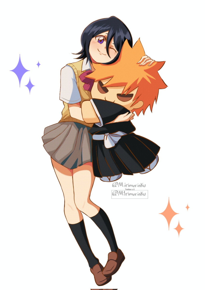 1girl, black_hair, black_socks, bleach, bow, bowtie, brown_shoes, character_doll