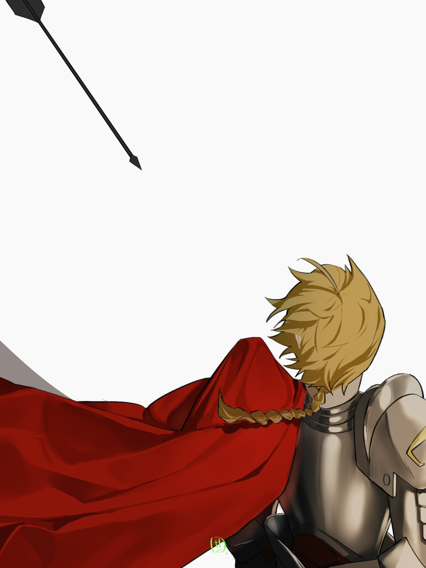 1boy, armor, arrow_(projectile), blonde_hair, cape, fate/strange_fake, fate_(series), floating_cape