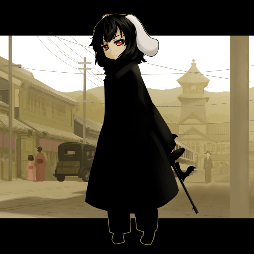 animal_ears, black_hair, bunny_ears, car, coat, drum_magazine, gun, highres, inaba_tewi, japanese_clothes, kimono, kuro_oolong, letterboxed, mafia_ii, motor_vehicle, power_lines, red_eyes, short_hair, solo, street, streetcar, submachine_gun, thompson_submachine_gun, touhou, tower, town, tram, vehicle, vertical_foregrip, weapon