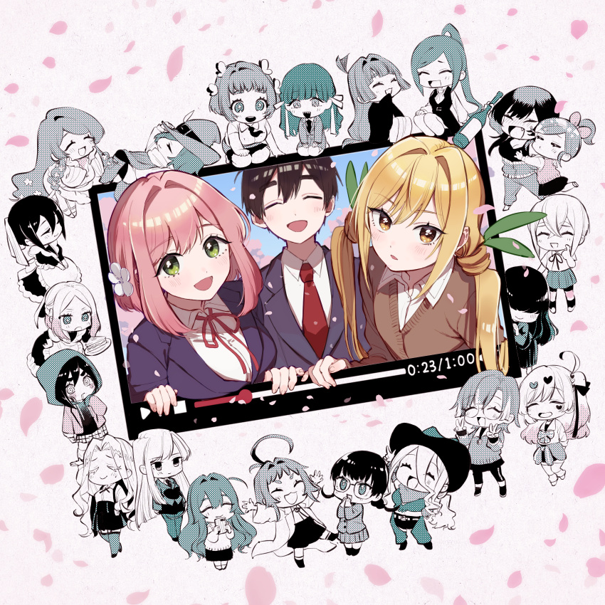 1boy, 6+girls, :d, aijou_rentarou, baio_rin, black_jacket, blonde_hair, bonnouji_momoha